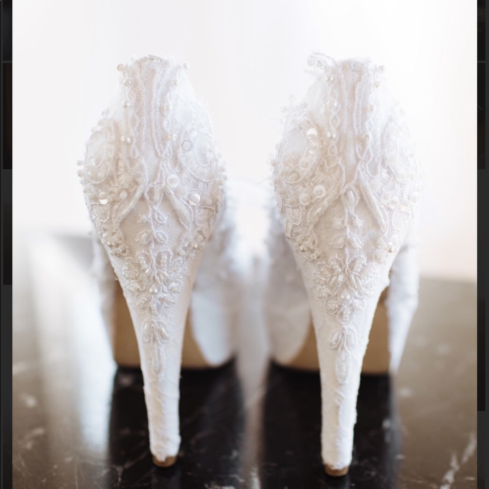 White lace beaded bridal heels, worn once